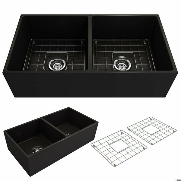 Bocchi Contempo Farmhouse Apron Front Fireclay 36 in. Double Bowl Kitchen Sink in Black 1350-005-0120